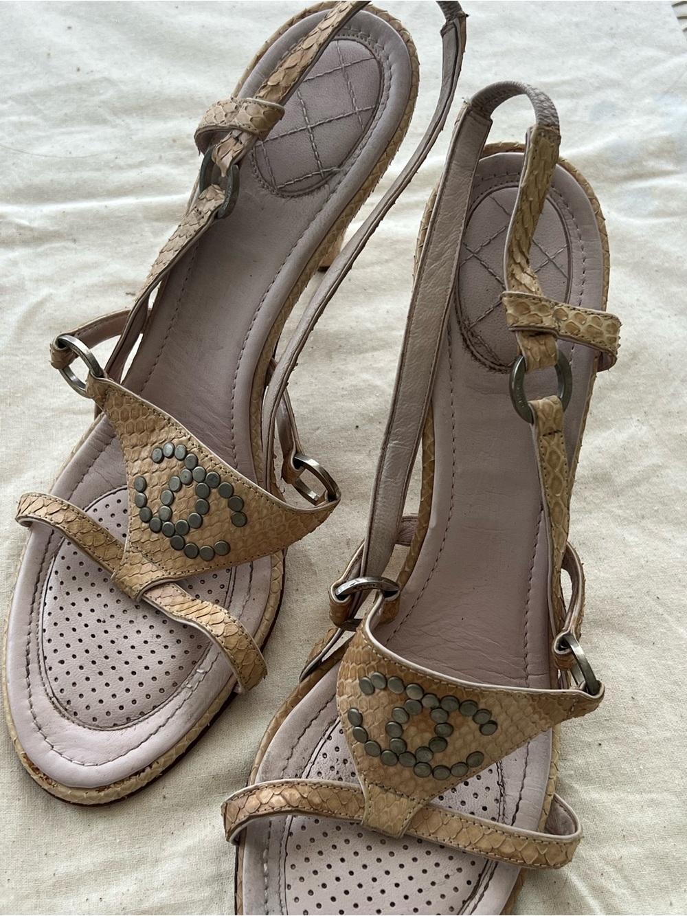 CHANEL Vintage Studded Interlocking CC Snakeskin Strappy Sandals - Picture 2 of 4